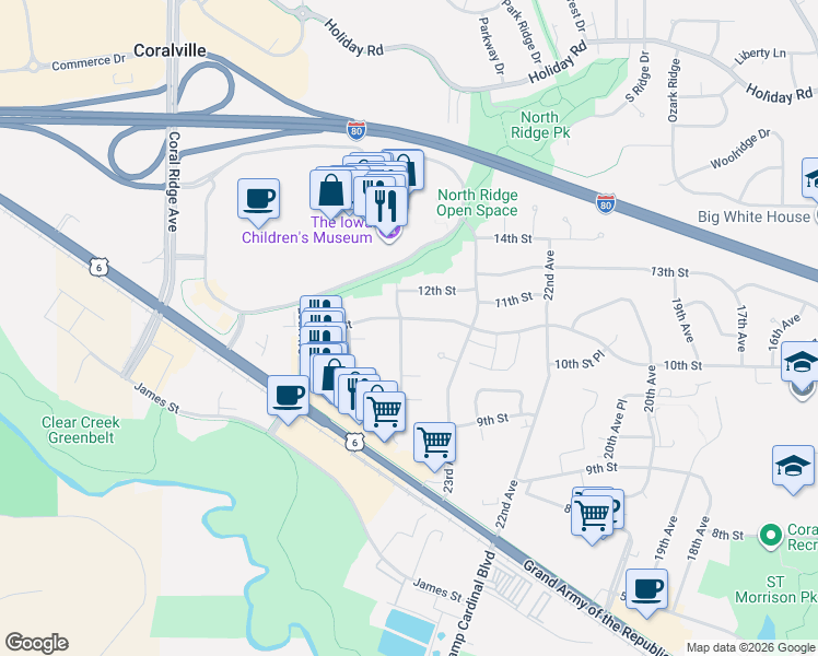 map of restaurants, bars, coffee shops, grocery stores, and more near 2358 10th Street in Coralville