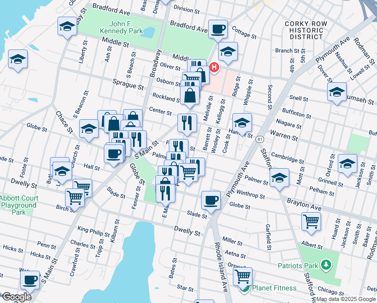 map of restaurants, bars, coffee shops, grocery stores, and more near 141 Peckham Street in Fall River