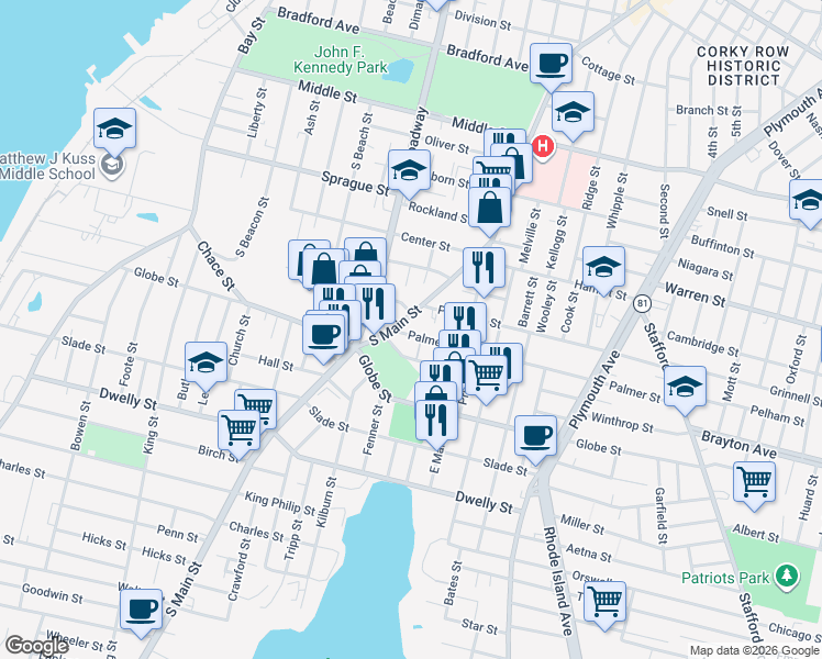 map of restaurants, bars, coffee shops, grocery stores, and more near 36 Palmer Street in Fall River