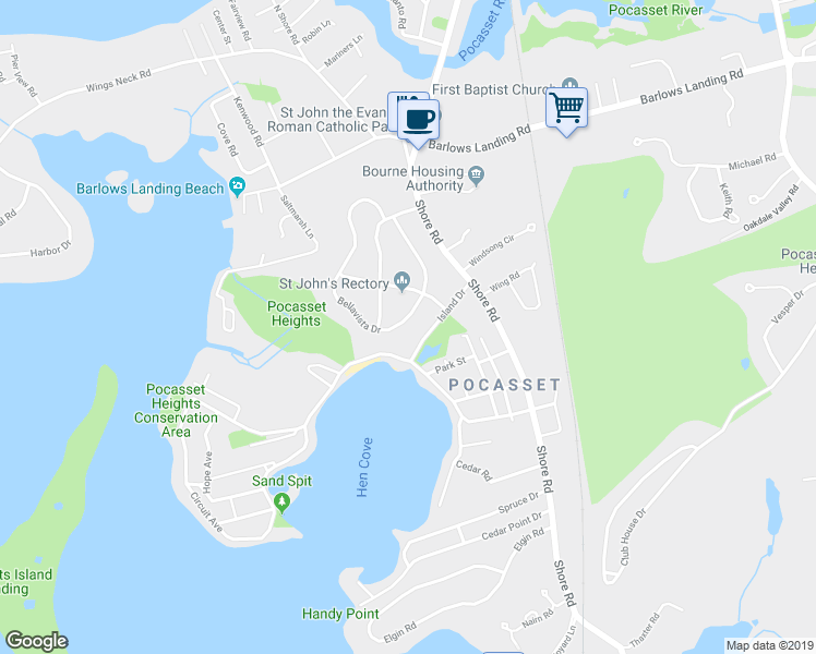 map of restaurants, bars, coffee shops, grocery stores, and more near 51 Bellavista Drive in Bourne