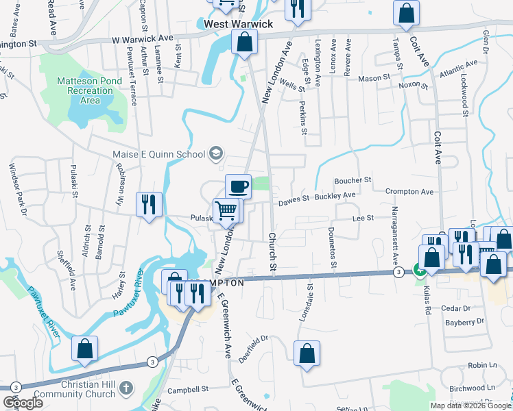 map of restaurants, bars, coffee shops, grocery stores, and more near 15 Nestor Street in West Warwick