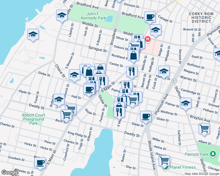 map of restaurants, bars, coffee shops, grocery stores, and more near 1310 South Main Street in Fall River