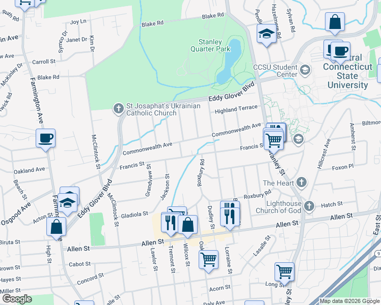 map of restaurants, bars, coffee shops, grocery stores, and more near 263 Francis Street in New Britain