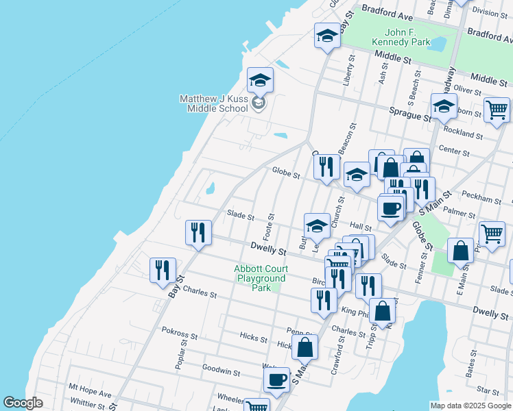 map of restaurants, bars, coffee shops, grocery stores, and more near 130 Bowen Street in Fall River