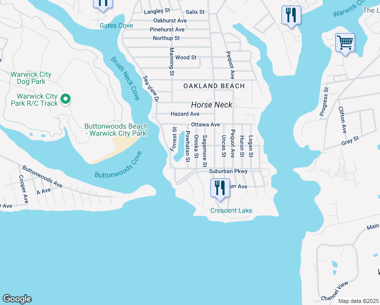 map of restaurants, bars, coffee shops, grocery stores, and more near 63 Oniska Street in Warwick