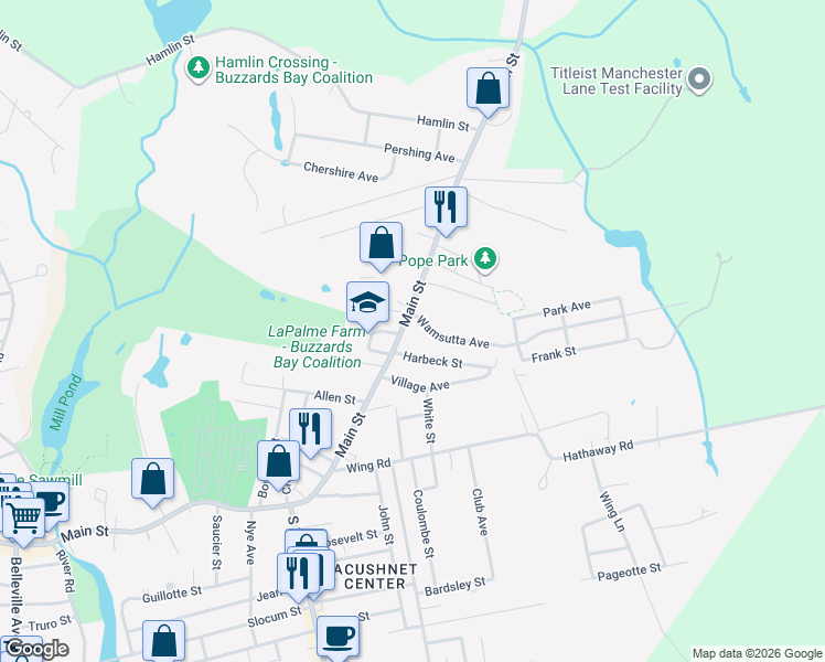 map of restaurants, bars, coffee shops, grocery stores, and more near 6 Wamsutta Avenue in Acushnet