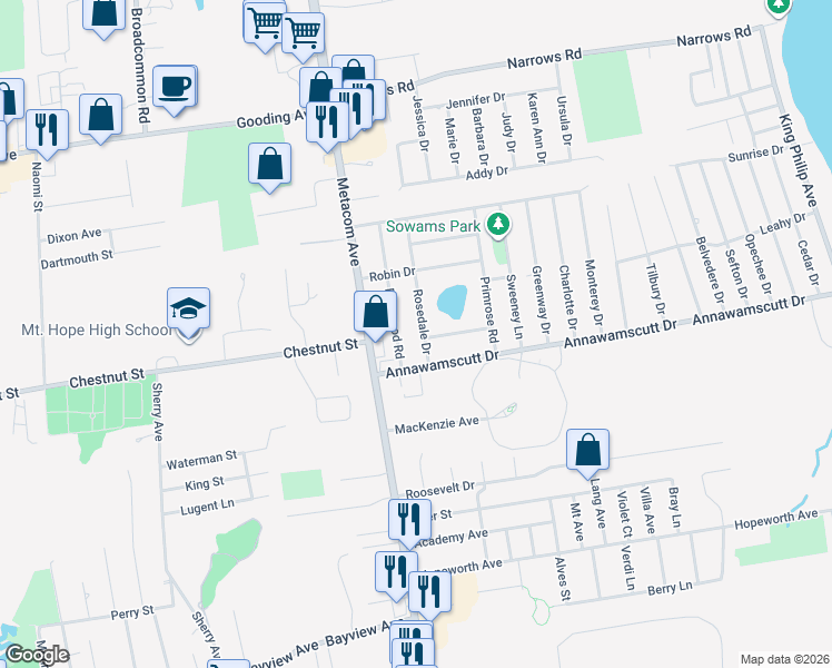 map of restaurants, bars, coffee shops, grocery stores, and more near 15 Rosedale Drive in Bristol