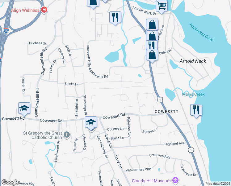 map of restaurants, bars, coffee shops, grocery stores, and more near 1 Friar Tuck Road in Warwick