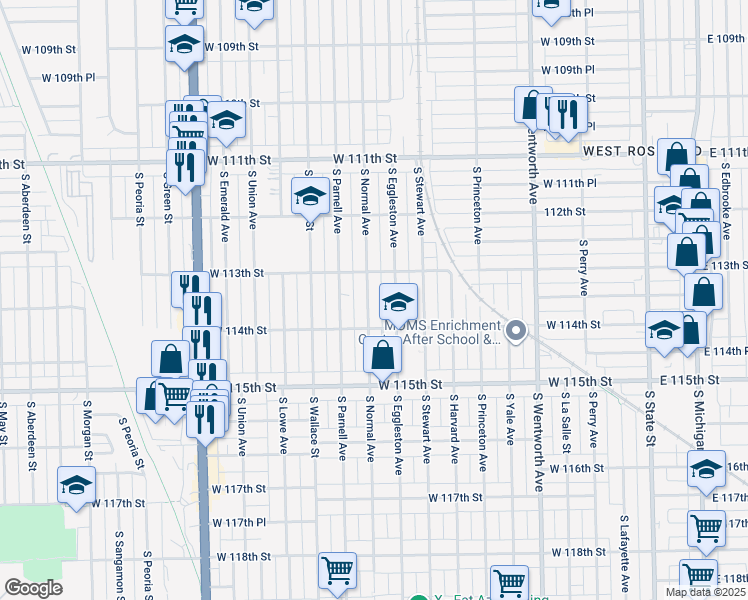 map of restaurants, bars, coffee shops, grocery stores, and more near 11329 South Normal Avenue in Chicago