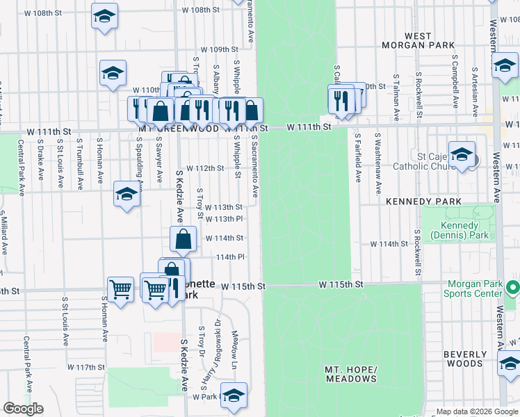 map of restaurants, bars, coffee shops, grocery stores, and more near 2600 West 113th Street in Chicago