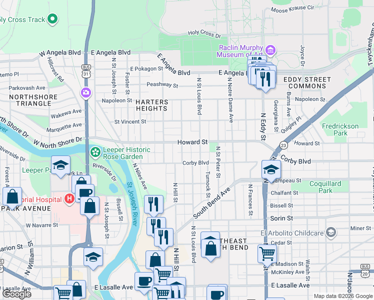 map of restaurants, bars, coffee shops, grocery stores, and more near 923 North Hill Street in South Bend