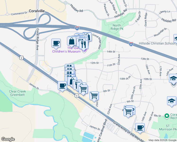 map of restaurants, bars, coffee shops, grocery stores, and more near 2358 10th Street in Coralville