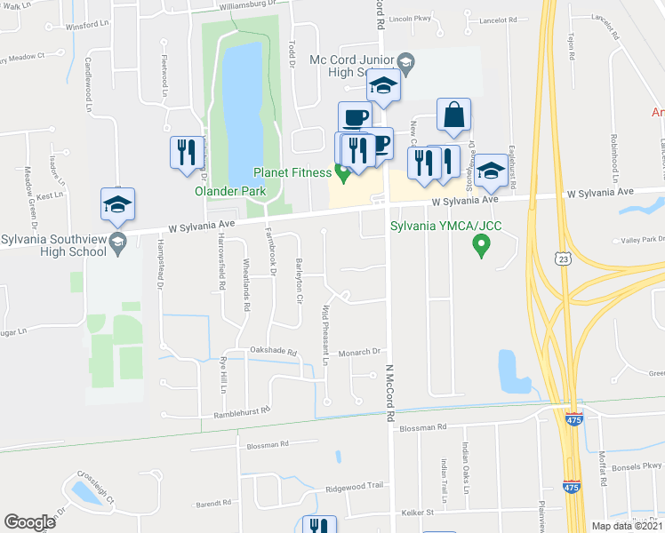 map of restaurants, bars, coffee shops, grocery stores, and more near 3864 Pepperwood Court in Sylvania