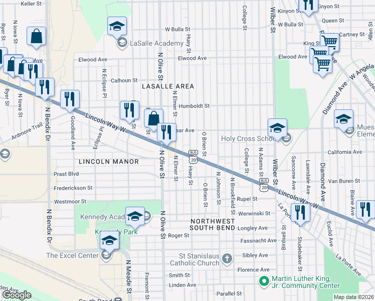 map of restaurants, bars, coffee shops, grocery stores, and more near 2201 Lincoln Way West in South Bend