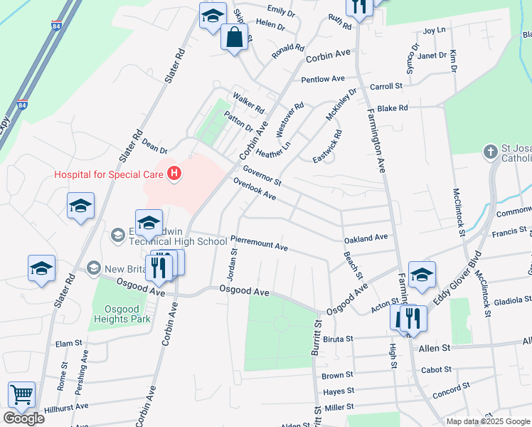 map of restaurants, bars, coffee shops, grocery stores, and more near 217 Oakland Avenue in New Britain