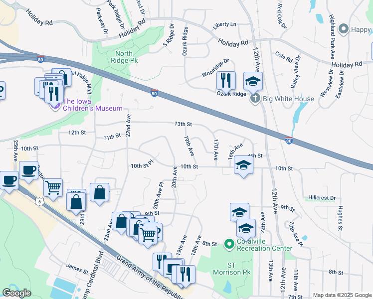 map of restaurants, bars, coffee shops, grocery stores, and more near 1010 19th Avenue in Coralville