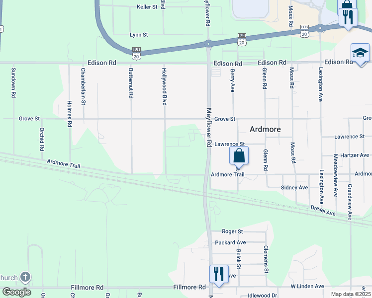 map of restaurants, bars, coffee shops, grocery stores, and more near 55432 Hollywood Boulevard in South Bend