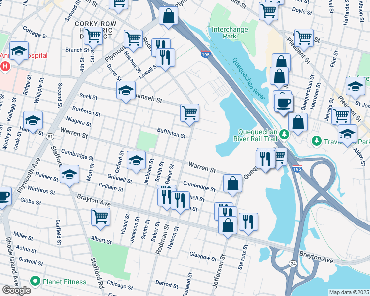 map of restaurants, bars, coffee shops, grocery stores, and more near 1065 Rodman Street in Fall River