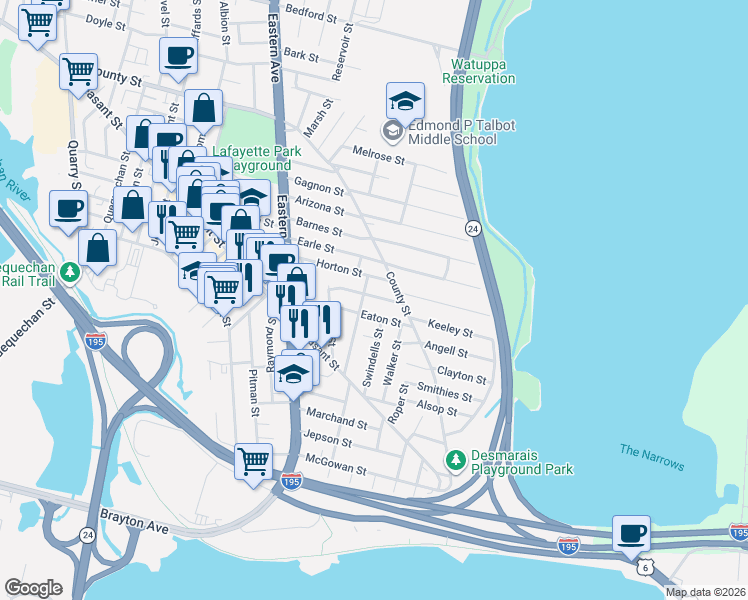 map of restaurants, bars, coffee shops, grocery stores, and more near 46 Barlow Street in Fall River