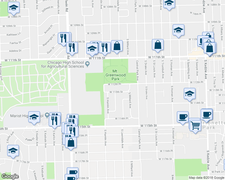 map of restaurants, bars, coffee shops, grocery stores, and more near 3730 West 113th Street in Chicago