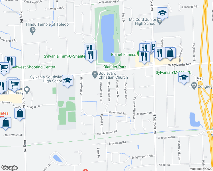 map of restaurants, bars, coffee shops, grocery stores, and more near 3901 Wheatlands Road in Sylvania