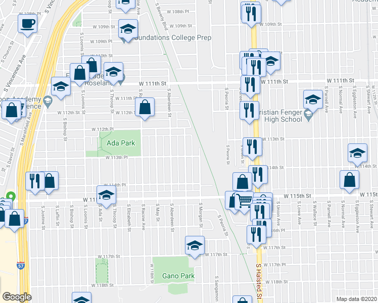 map of restaurants, bars, coffee shops, grocery stores, and more near 11321 South Carpenter Street in Chicago