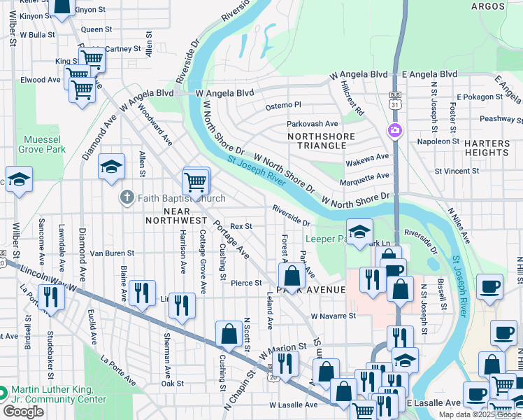 map of restaurants, bars, coffee shops, grocery stores, and more near 919 Leland Avenue in South Bend