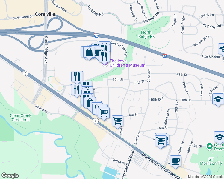 map of restaurants, bars, coffee shops, grocery stores, and more near 2358 10th Street in Coralville