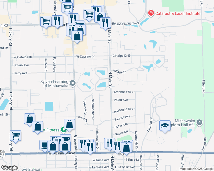 map of restaurants, bars, coffee shops, grocery stores, and more near 3005 Remington Court South Drive in Mishawaka