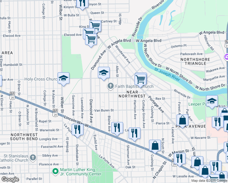 map of restaurants, bars, coffee shops, grocery stores, and more near 1001 Allen Street in South Bend