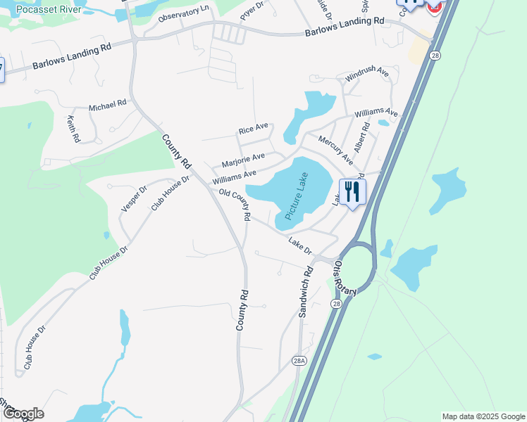 map of restaurants, bars, coffee shops, grocery stores, and more near 15 Shirley Place in Bourne