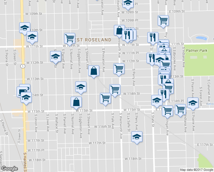 map of restaurants, bars, coffee shops, grocery stores, and more near 11327 South Princeton Avenue in Chicago