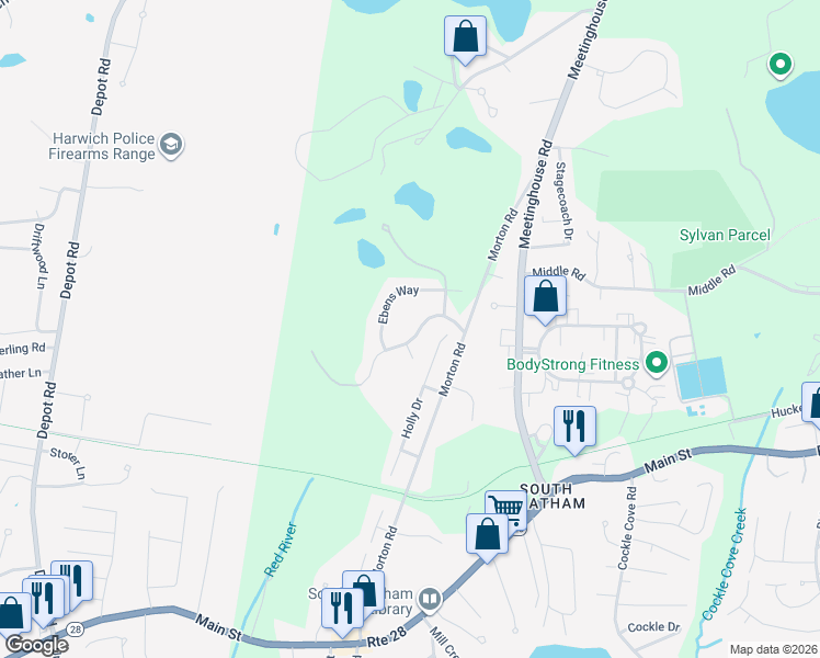 map of restaurants, bars, coffee shops, grocery stores, and more near 58 Tirrells Way in Chatham