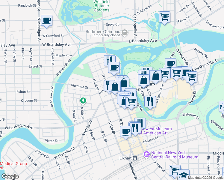 map of restaurants, bars, coffee shops, grocery stores, and more near 130 North 2nd Street in Elkhart