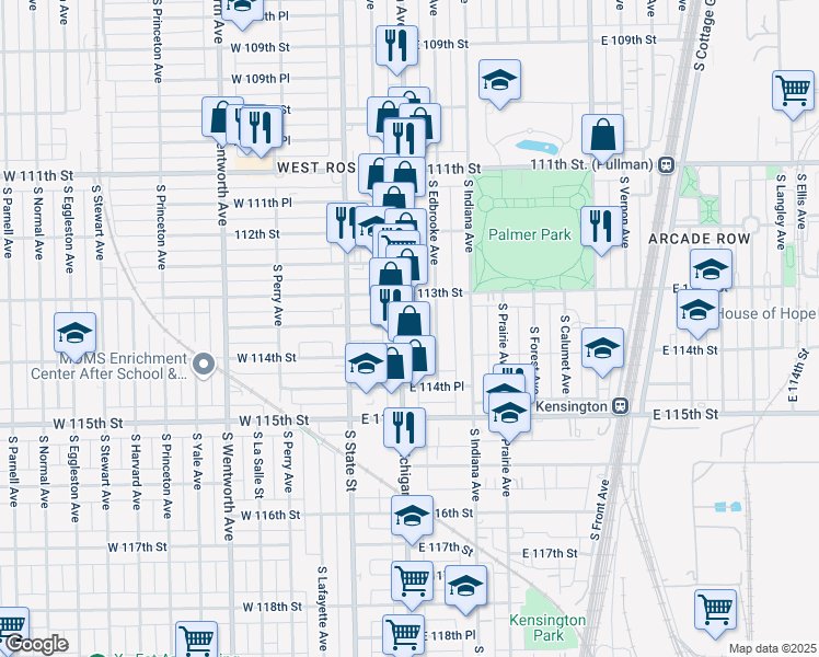 map of restaurants, bars, coffee shops, grocery stores, and more near 11328 South Michigan Avenue in Chicago