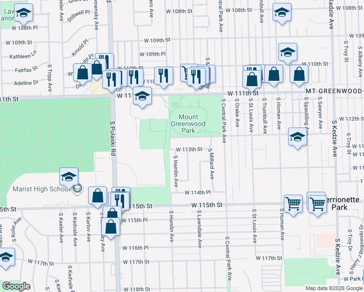 map of restaurants, bars, coffee shops, grocery stores, and more near 3730 West 113th Street in Chicago