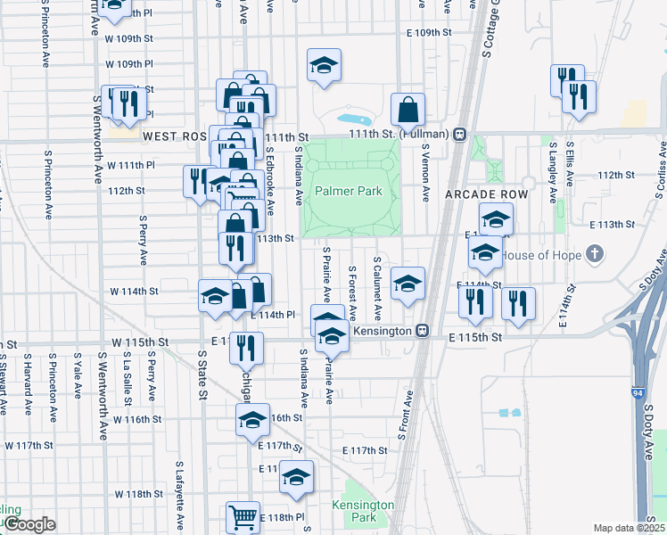 map of restaurants, bars, coffee shops, grocery stores, and more near 11337 South Prairie Avenue in Chicago