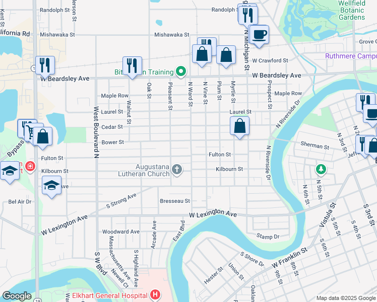 map of restaurants, bars, coffee shops, grocery stores, and more near 307 North Ward Street in Elkhart