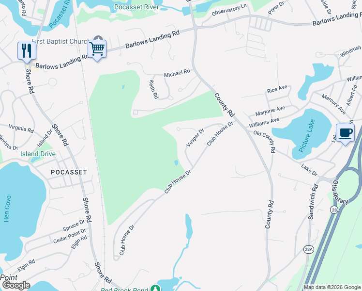 map of restaurants, bars, coffee shops, grocery stores, and more near 18 Vesper Drive in Bourne