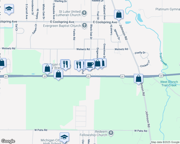 map of restaurants, bars, coffee shops, grocery stores, and more near 2010 U.S. 20 in Michigan City