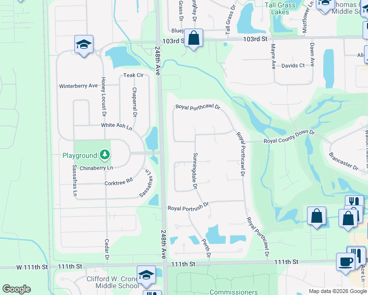 map of restaurants, bars, coffee shops, grocery stores, and more near 24715 Royal Lytham Dr in Naperville