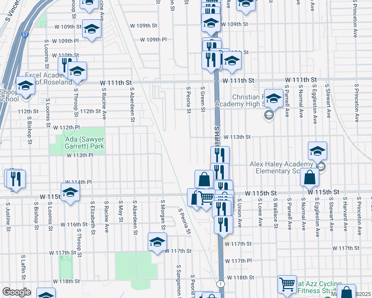 map of restaurants, bars, coffee shops, grocery stores, and more near 11322 South Peoria Street in Chicago