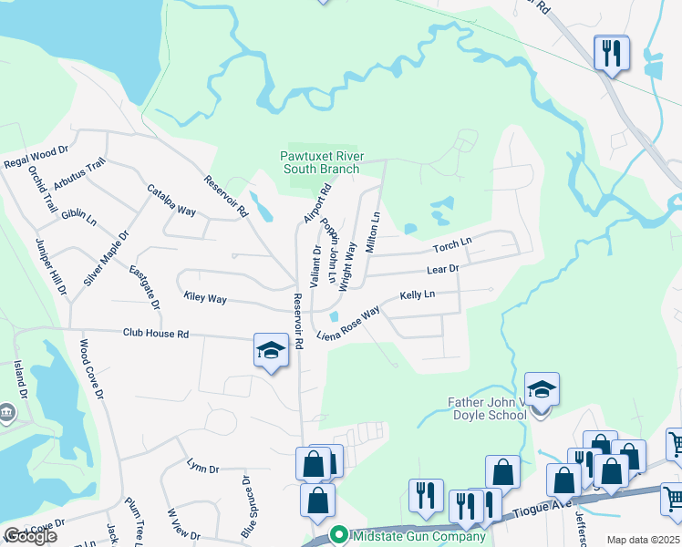 map of restaurants, bars, coffee shops, grocery stores, and more near 43 Wright Way in Coventry