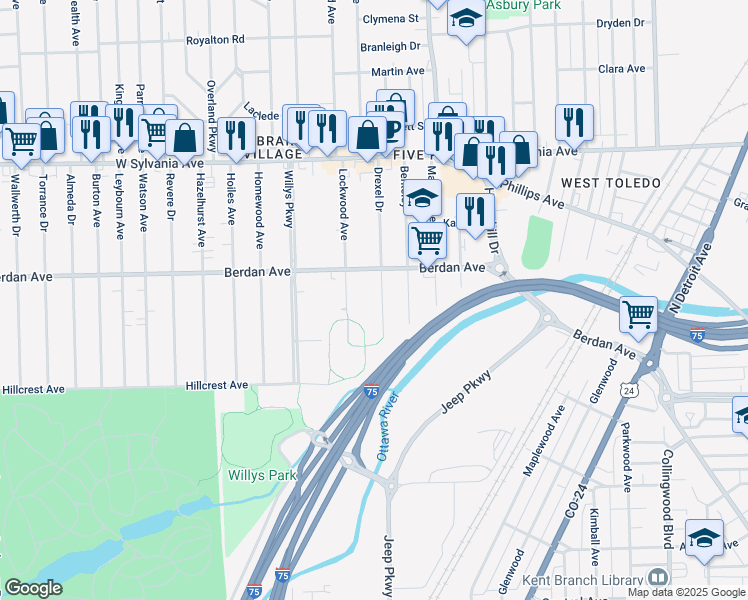 map of restaurants, bars, coffee shops, grocery stores, and more near 3645 Drexel Dr in Toledo