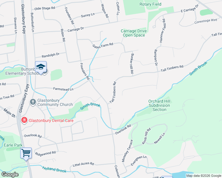 map of restaurants, bars, coffee shops, grocery stores, and more near 109 Tall Timbers Lane in Glastonbury