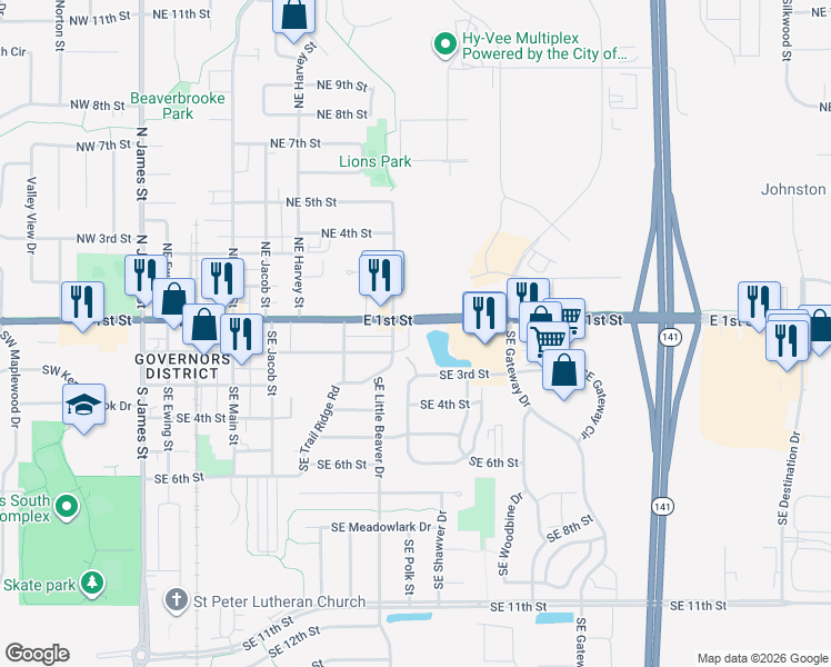 map of restaurants, bars, coffee shops, grocery stores, and more near 110 Southeast Little Beaver Court in Grimes