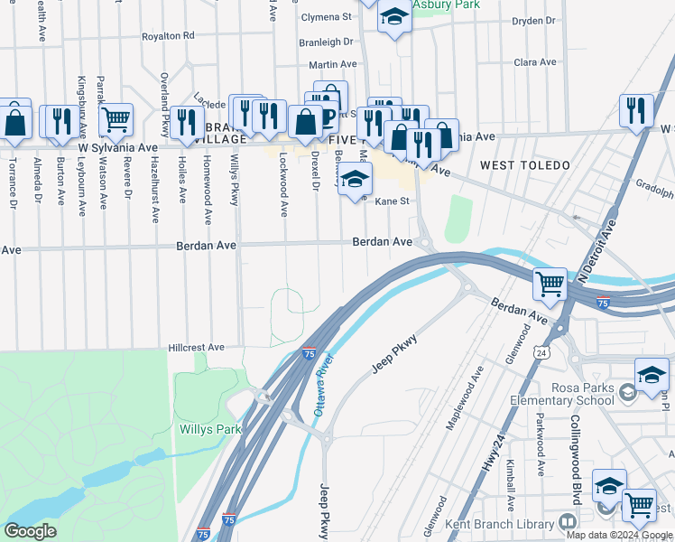 map of restaurants, bars, coffee shops, grocery stores, and more near 3635 Berkeley in Toledo