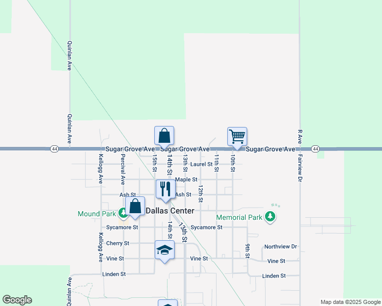 map of restaurants, bars, coffee shops, grocery stores, and more near 1206 Sugar Grove Avenue in Dallas Center