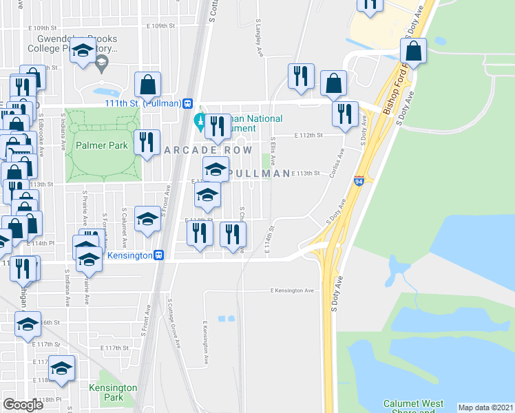 map of restaurants, bars, coffee shops, grocery stores, and more near 11340 South Langley Avenue in Chicago