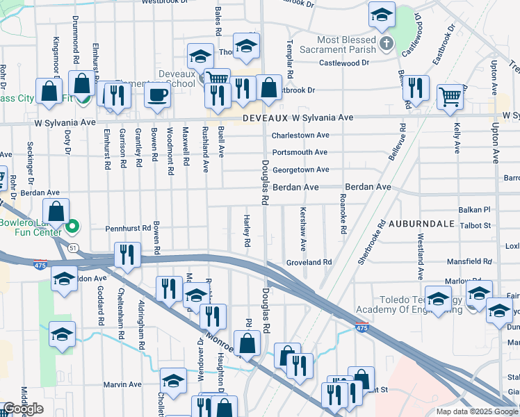 map of restaurants, bars, coffee shops, grocery stores, and more near 2509 Beaufort Avenue in Toledo